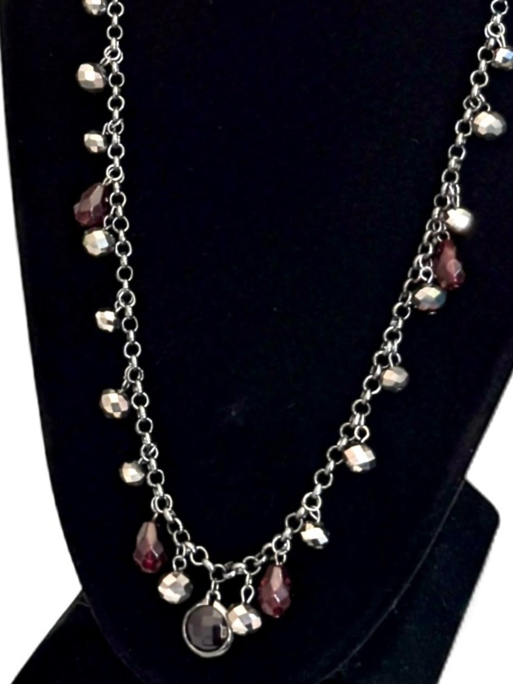 WHITE HOUSE BLACK MARKET NWT Long Iridescent Silver & Red Crystal Charm Necklace - Picture 2 of 9